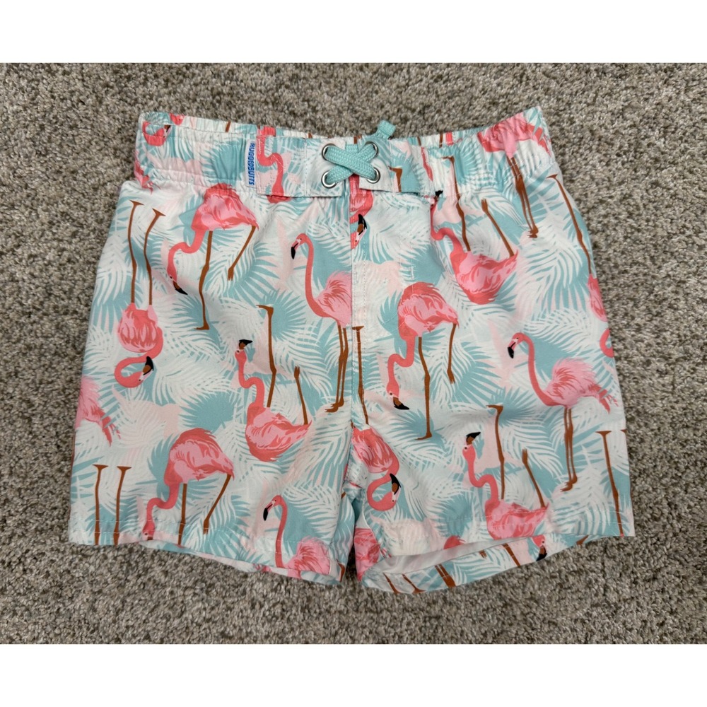Rugged Butts Boys Flamingo Tropical Print Swim Trunks Blue Pink 3T